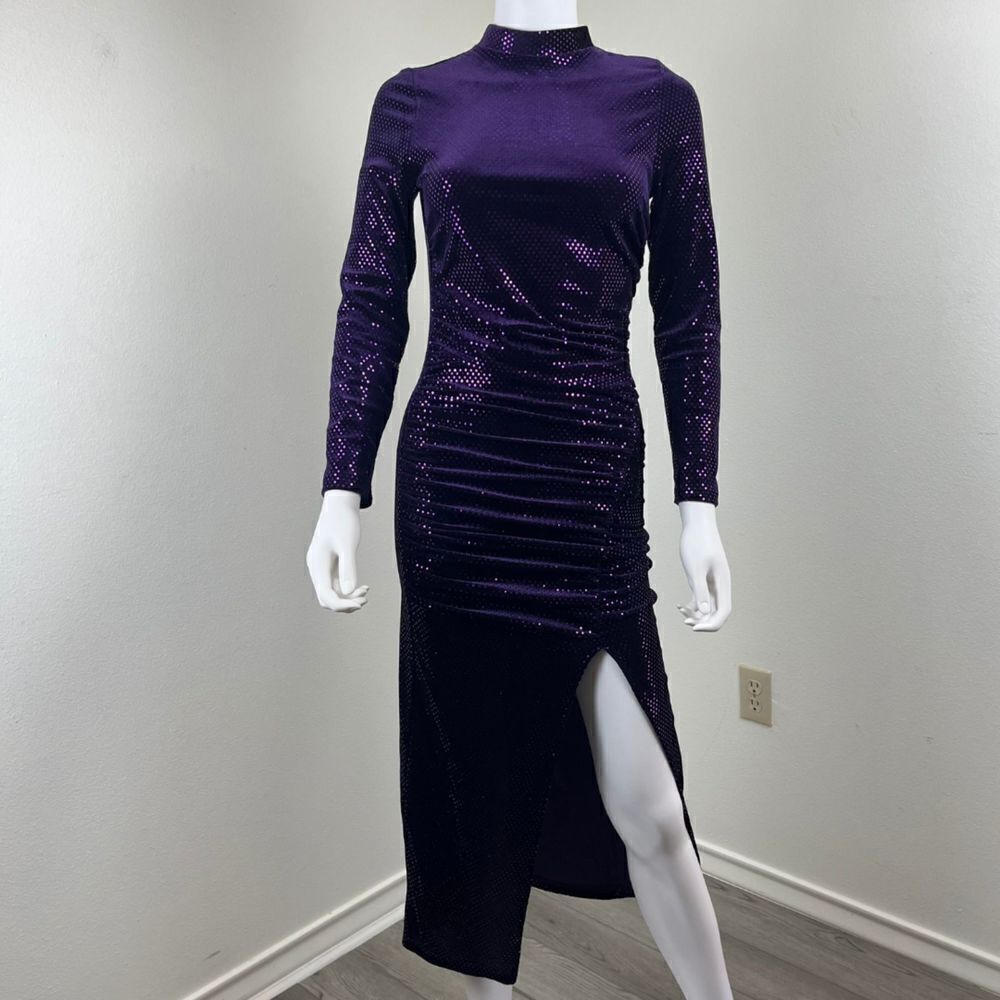 Zara Women Size XS Purple Sequins Velvet Ruched Midi Dress Long Sleeve Mock Neck - Picture 10 of 15